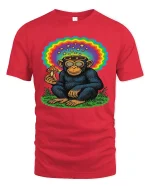 Psychedelic Monkey Mushroom Rainbow Graphic T Shirt - red t-shirt on white background