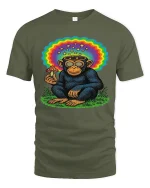 Psychedelic Monkey Mushroom Rainbow Graphic T Shirt - military green t-shirt on white background