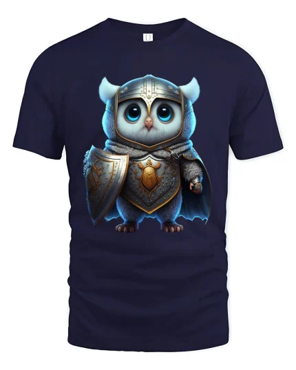 Cute Knight Owl Warrior Fantasy Graphic T Shirt - navy t-shirt on white background