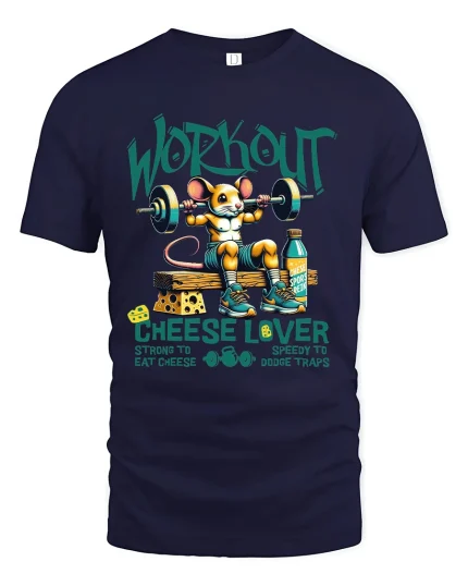 Workout Cheese Lover Funny Mouse Gym T Shirt - navy t-shirt on white background
