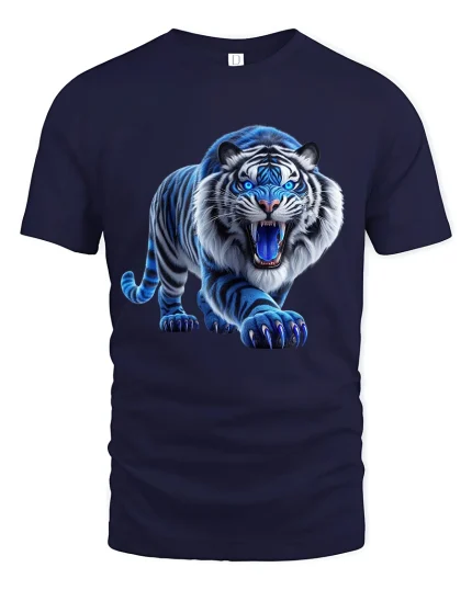 Blue Flame Tiger Roaring Graphic T Shirt - navy t-shirt on white background
