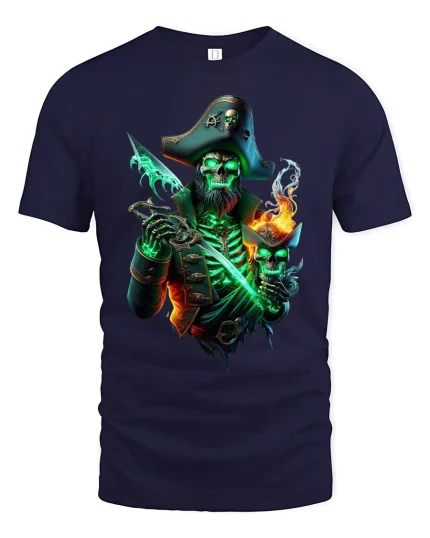 Ghost Pirate Skull Captain Graphic T Shirt - navy t-shirt on white background