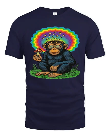 Psychedelic Monkey Mushroom Rainbow Graphic T Shirt - navy t-shirt on white background