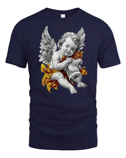 Vintage Cherub Angel Art Graphic T Shirt - navy t-shirt on white background