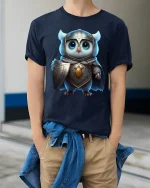 Cute Knight Owl Warrior Fantasy Graphic T Shirt - model wearing navy tee with hands in pockets