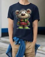 Cute Winter Teddy Bear Graphic T Shirt - model wearing navy tee with hands in pockets