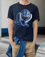 Blue Flame Tiger Roaring Graphic T Shirt - model wearing navy tee with hands in pockets