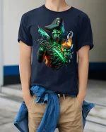 Ghost Pirate Skull Captain Graphic T Shirt - model wearing navy tee with hands in pockets