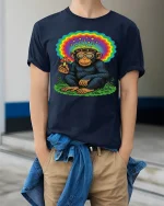 Psychedelic Monkey Mushroom Rainbow Graphic T Shirt - model wearing navy tee with hands in pockets