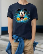 Retro Cartoon Mouse Splash Graphic T Shirt - model wearing navy tee with hands in pockets