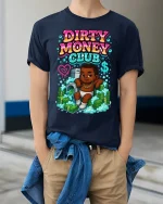 Dirty Money Club Streetwear Graphic T Shirt - model wearing navy tee with hands in pockets