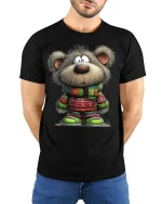 Cute Winter Teddy Bear Graphic T Shirt - model wearing black tee with hands behind back