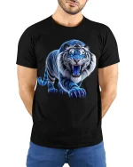 Blue Flame Tiger Roaring Graphic T Shirt - model wearing black tee with hands behind back