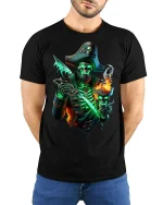 Ghost Pirate Skull Captain Graphic T Shirt - model wearing black tee with hands behind back