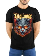 Rigilante Fiery Wolf Head Graphic T Shirt - model wearing black tee with hands behind back