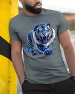 Blue Flame Tiger Roaring Graphic T Shirt - model wearing grey tee, leaning on column