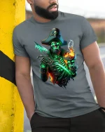 Ghost Pirate Skull Captain Graphic T Shirt - model wearing grey tee, leaning on column