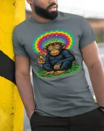 Psychedelic Monkey Mushroom Rainbow Graphic T Shirt - model wearing grey tee, leaning on column