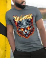 Rigilante Fiery Wolf Head Graphic T Shirt - model wearing grey tee, leaning on column