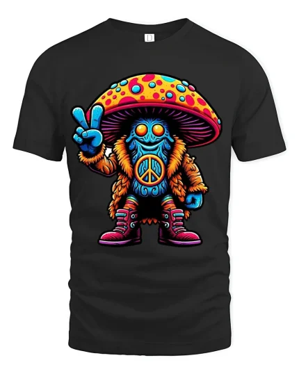 Psychedelic Peace Mushroom Graphic T Shirt - black t-shirt on white background