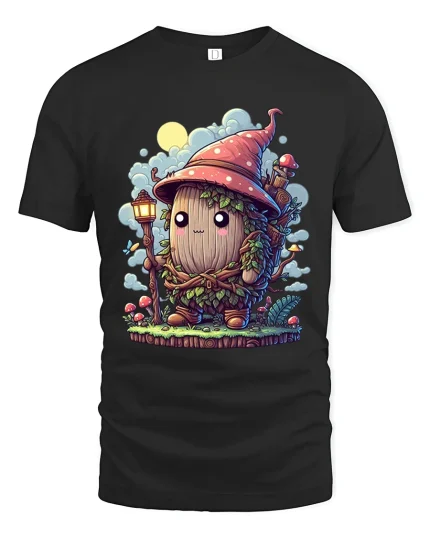 Cute Forest Wizard Mushroom Character Graphic T Shirt - black t-shirt on white background