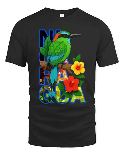 Nicaragua Tropical Bird Hibiscus Graphic T Shirt - black t-shirt on white background