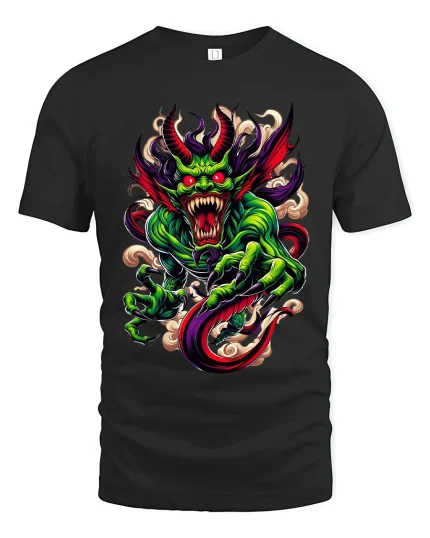 Fierce Green Demon Dragon Fantasy Graphic T Shirt - black t-shirt on white background