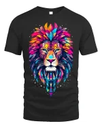 Colorful Tribal Lion Head Artistic Graphic T Shirt - black t-shirt on white background