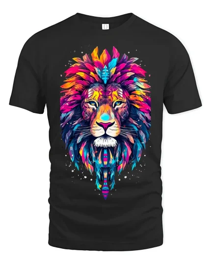 Colorful Tribal Lion Head Artistic Graphic T Shirt - black t-shirt on white background