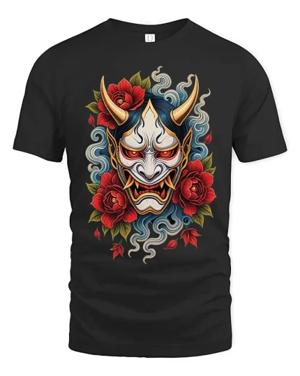 Japanese Oni Mask With Red Roses Graphic T Shirt - black t-shirt on white background