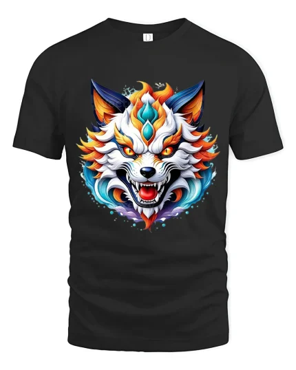 Fierce Elemental Wolf Head Fantasy Graphic T Shirt - black t-shirt on white background