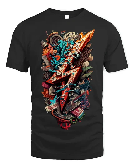 Abstract Electric Guitar Rock Collage Graphic T Shirt - black t-shirt on white background