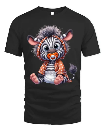 Cute Baby Zebra Cartoon Graphic T Shirt - black t-shirt on white background