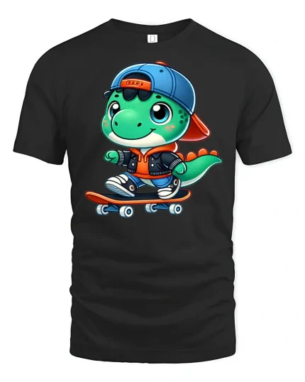 Cute Skateboard Dinosaur Cartoon Graphic T Shirt - black t-shirt on white background