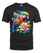Rainbow Parrot Floral Graphic T Shirt - black t-shirt on white background