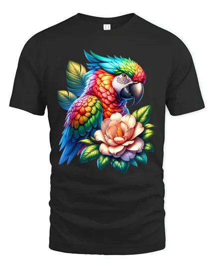 Rainbow Parrot Floral Graphic T Shirt - black t-shirt on white background