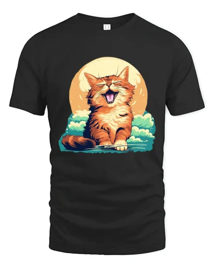Happy Orange Cat Sunset Graphic T Shirt - black t-shirt on white background