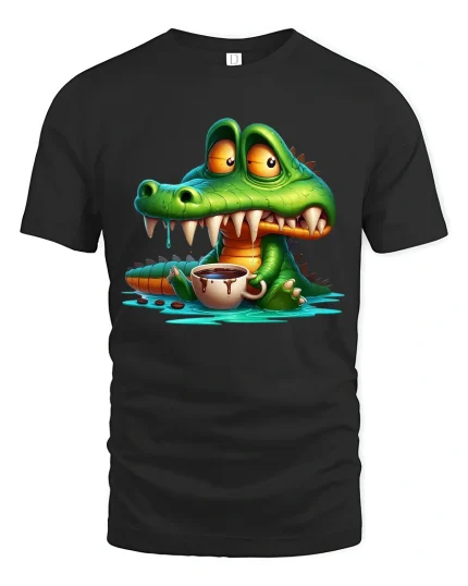 Funny Crocodile Coffee Lover Graphic T Shirt - black t-shirt on white background