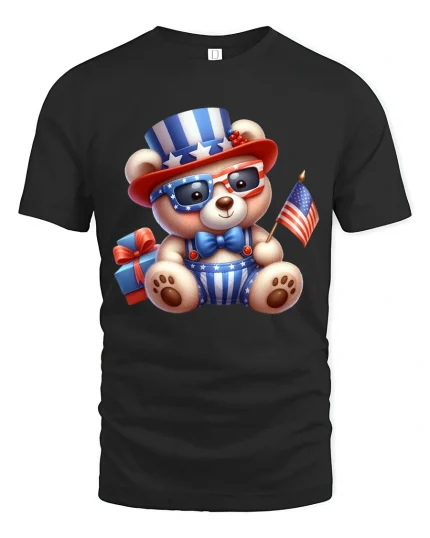 Patriotic Teddy Bear USA Graphic T Shirt - black t-shirt on white background