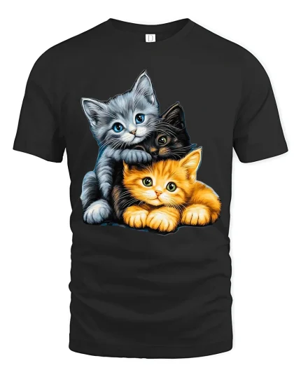 Adorable Three Kittens Cuddle Graphic T Shirt - black t-shirt on white background