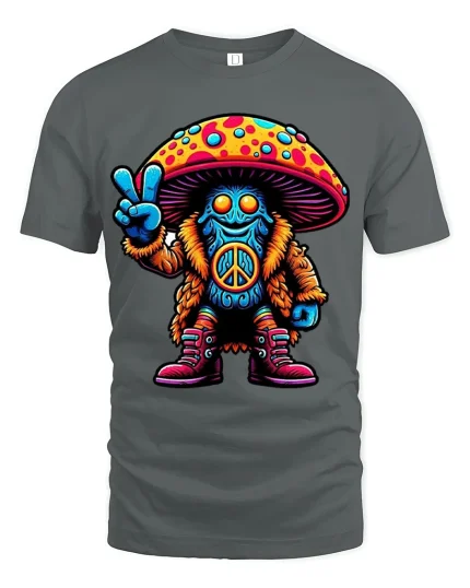 Psychedelic Peace Mushroom Graphic T Shirt - gray t-shirt on white background