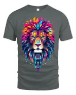 Colorful Tribal Lion Head Artistic Graphic T Shirt - gray t-shirt on white background