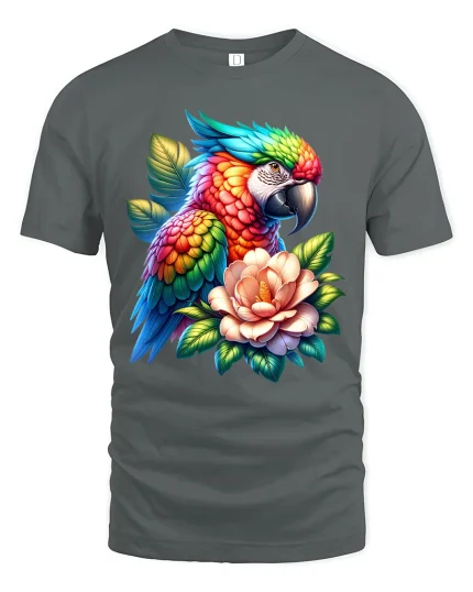 Rainbow Parrot Floral Graphic T Shirt - gray t-shirt on white background
