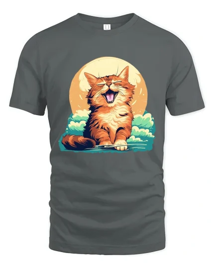 Happy Orange Cat Sunset Graphic T Shirt - gray t-shirt on white background