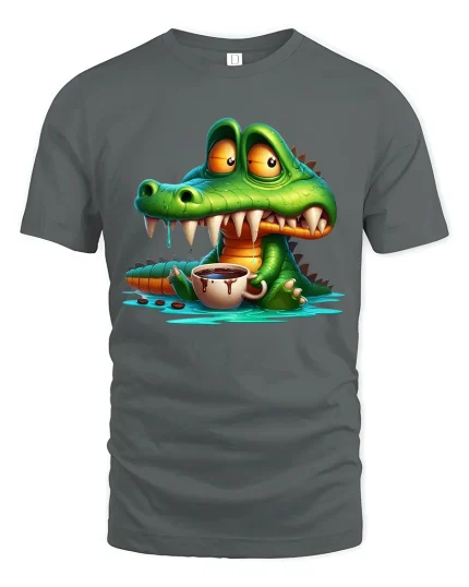 Funny Crocodile Coffee Lover Graphic T Shirt - gray t-shirt on white background