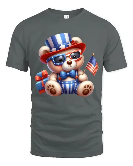 Patriotic Teddy Bear USA Graphic T Shirt - gray t-shirt on white background