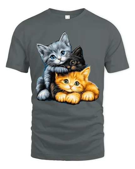 Adorable Three Kittens Cuddle Graphic T Shirt - gray t-shirt on white background