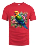 Colorful Parrot Floral Art Graphic T Shirt - red t-shirt on white background