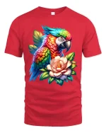 Rainbow Parrot Floral Graphic T Shirt - red t-shirt on white background