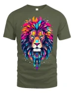 Colorful Tribal Lion Head Artistic Graphic T Shirt - military green t-shirt on white background